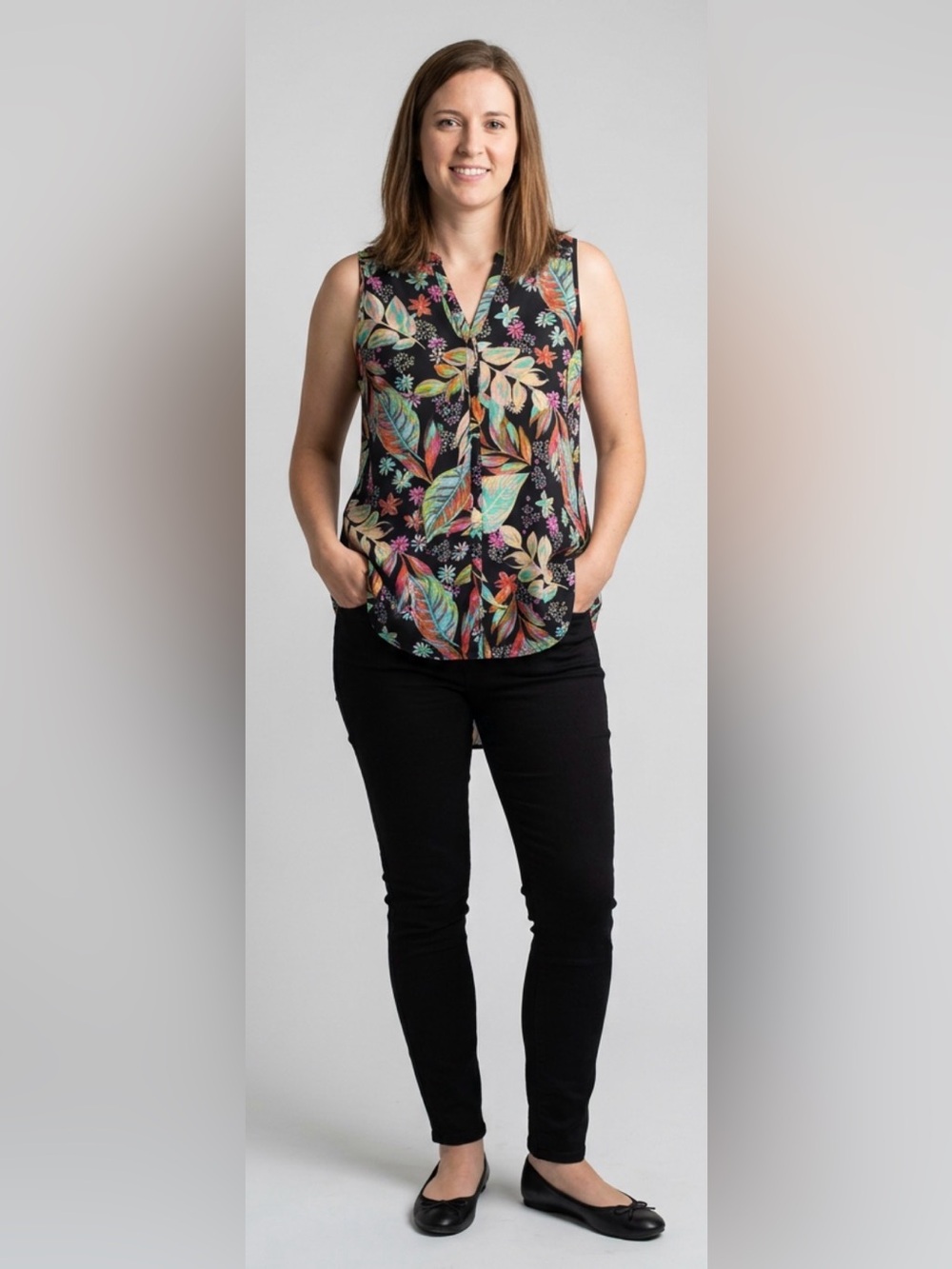 Spense Black Multi Floral Leaf Print Tunic High-Low Top Size Medium